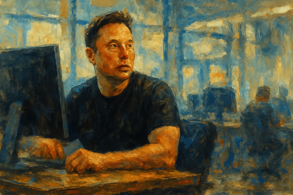 Elon Musk sitting at his computer, profile piece image