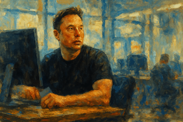 Elon Musk sitting at his computer, profile piece image